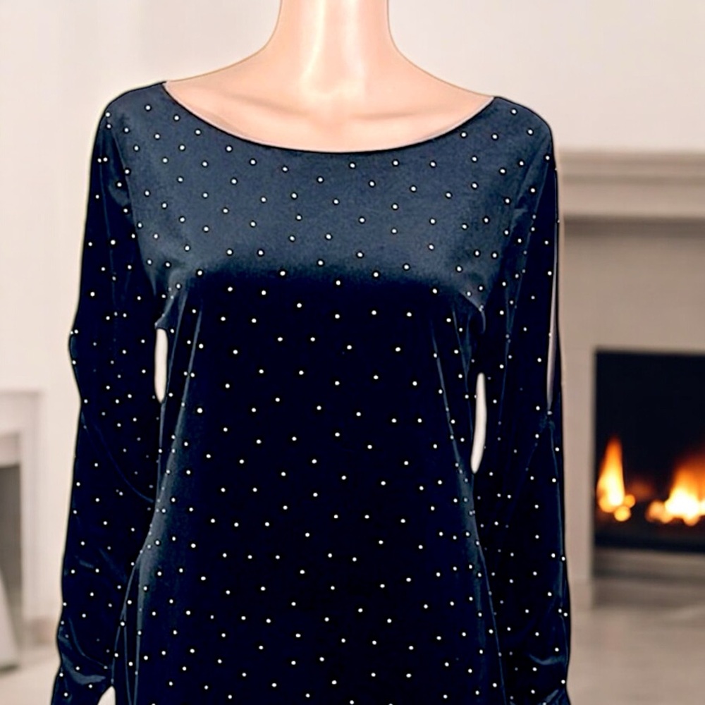 Cache’ Gold Studded Black Velvet Split Shoulder T… - image 2